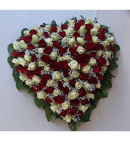 Coeur plein roses rouges et blanches gypsophile